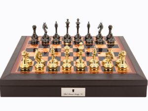 Dal Rossi Italy Brown PU Leather Bevilled Edge chess box with compartments 18" with Staunton Brass Titanium Cap Chessmen