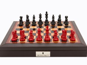 Dal Rossi Italy Brown PU Leather Bevilled Edge chess box with compartments 18" with French Lardy Black/Red 85mm Chessmen