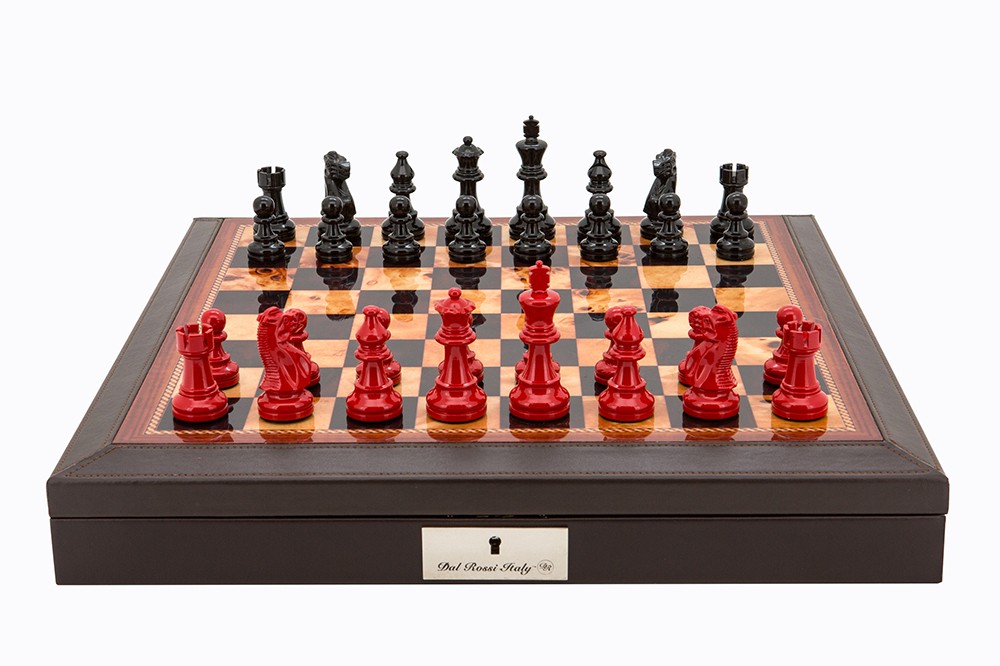 Dal Rossi Italy Brown PU Leather Bevilled Edge chess box with compartments 18" with French Lardy Black/Red 85mm Chessmen