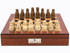 Dal Rossi Italy Walnut Finish chess box with lock & compartments 16” with Medieval Resin Chessmen