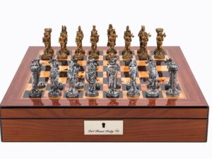 Dal Rossi Italy Walnut Finish chess box with lock & compartments 16” with Medieval Pewter Chessmen