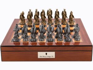 Dal Rossi Italy Walnut Finish chess box with lock & compartments 16” with Dragon Pewter Chessmen