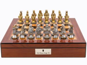 Dal Rossi Italy Walnut Finish chess box with lock & compartments 16” with Medieval Warriors Resin Chessmen