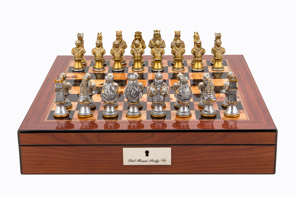 Dal Rossi Italy Walnut Finish chess box with lock & compartments 16” with Medieval Warriors Resin Chessmen