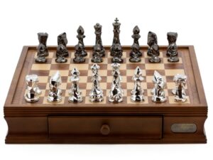 Dal Rossi Italy Chess Set with Diamond-Cut Titanium & Silver 85mm chessmen on a Walnut Finish Chess Box 16” with drawers