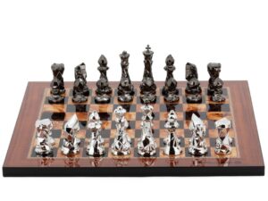 Dal Rossi Italy Chess Set with Diamond-Cut Titanium & Silver 85mm chessmen on a Walnut Shinny Finish Chess Board 16”