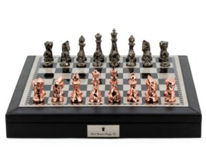 Dal Rossi Italy Black PU Leather Bevelled Edge chess box with compartments 18" with Diamond-Cut Copper & Bronze Finish Chessmen