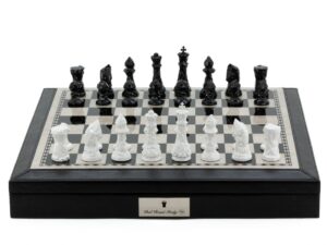 Dal Rossi Italy Black PU Leather Bevelled Edge chess box with compartments 18" with Diamond-Cut Black & White Finish Chessmen