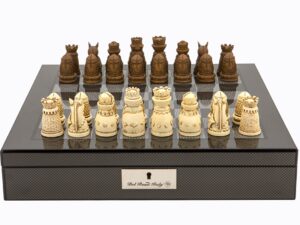 Dal Rossi Italy Carbon Fibre Shiny Finish chess box with compartments 16” with Medieval Resin Chessmen