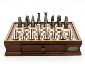 Dal Rossi Italy Chess Set Walnut Finish 16″ With Two Drawers, With Metal Dark Titanium and Silver chessmen 85mm