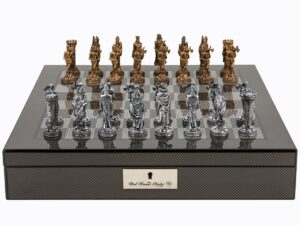 Dal Rossi Italy Carbon Fibre Shiny Finish chess box with compartments 16” with Medieval Pewter Chessmen