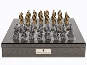 Dal Rossi Italy Carbon Fibre Shiny Finish chess box with compartments 16” with Dragon Pewter Chessmen
