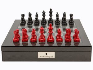Dal Rossi Italy Carbon Fibre Shiny Finish chess box with compartments 16” With French Lardy Black/Red 85mm Chessmen
