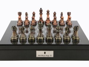 Dal Rossi Italy Carbon Fibre Finish chess box with compartments 16” With Antique Chessmen