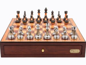 Dal Rossi Italy Red Mahogany Finish chess box with compartments 18" with Staunton Metal/Marble Finish Chessmen