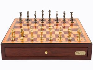 Dal Rossi Italy Red Mahogany Finish chess box with compartments 18" with Sleek Design Brass Chessmen