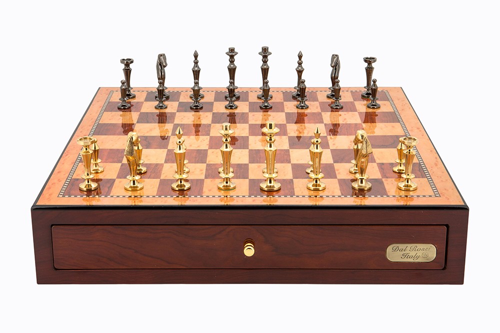 Dal Rossi Italy Red Mahogany Finish chess box with compartments 18" with Sleek Design Brass Chessmen