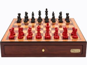 Dal Rossi Italy Red Mahogany Finish chess box with compartments 18" with French Lardy Black/Red 85mm Chessmen