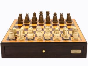Dal Rossi Italy Walnut Finish chess box with compartments 18" with Medieval Resin Chessmen