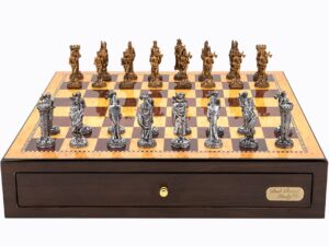 Dal Rossi Italy Walnut Finish chess box with compartments 18" with Medieval Pewter Chessmen
