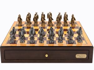 Dal Rossi Italy Walnut Finish chess box with compartments 18" with Dragon Pewter Chessmen