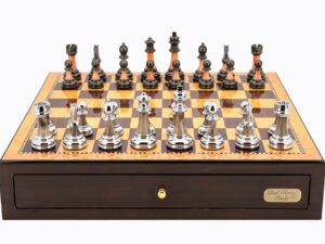 Dal Rossi Italy Walnut Finish chess box with compartments 18" with Staunton Metal/Marble Finish Chessmen