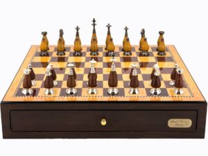 Dal Rossi Italy Walnut Finish chess box with compartments 18" with Staunton Metal/Wood Finish Chessmen