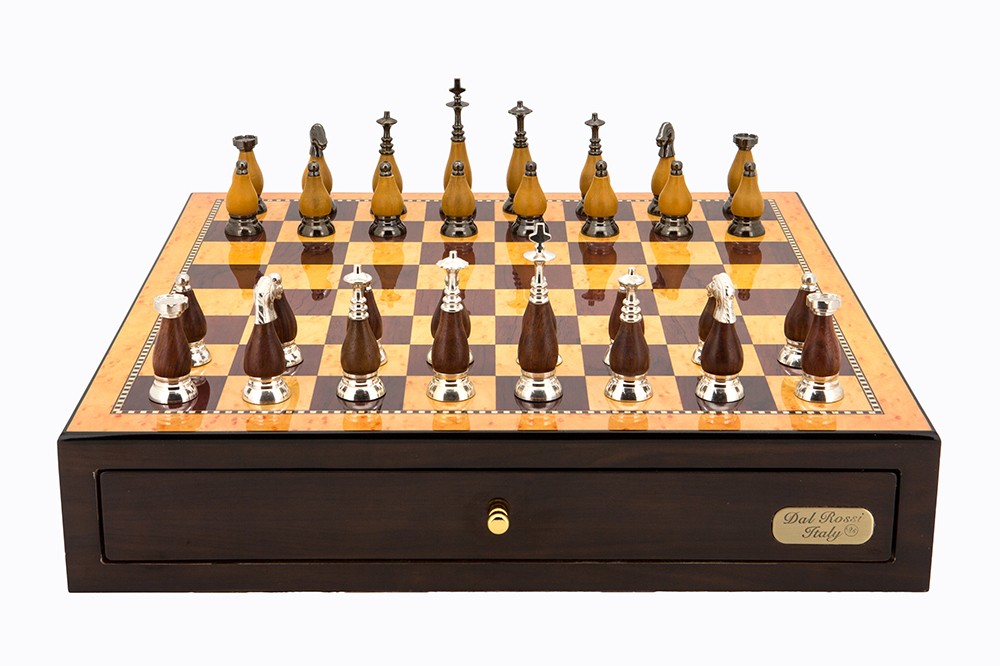 Dal Rossi Italy Walnut Finish chess box with compartments 18" with Staunton Metal/Wood Finish Chessmen