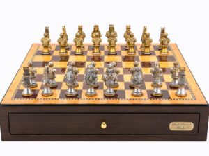 Dal Rossi Italy Walnut Finish chess box with compartments 18" with Medieval Warriors Resin Chessmen