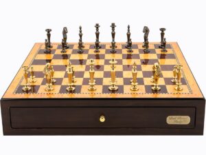 Dal Rossi Italy Walnut Finish chess box with compartments 18" with Sleek Design Brass Chessmen