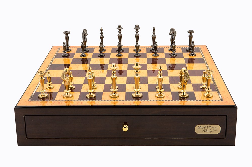 Dal Rossi Italy Walnut Finish chess box with compartments 18" with Sleek Design Brass Chessmen