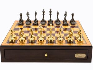 Dal Rossi Italy Walnut Finish chess box with compartments 18" with Staunton Brass Titanium Cap Chessmen
