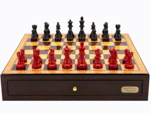 Dal Rossi Italy Walnut Finish chess box with compartments 18" with French Lardy Black/Red 85mm Chessmen