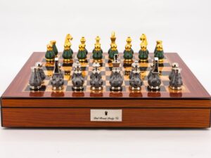 Dal Rossi Italy Chess Set Walnut Finish 20" With Compartments, With Gray and Green Gold and Silver Metal Tops and Bottoms Chess Pieces 90mm