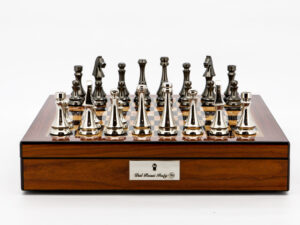 Dal Rossi Italy Chess Set Walnut Finish 16″ With Compartments, With Metal Dark Titanium and Silver chessmen 85mm