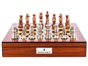 Dal Rossi Italy Chess Set Walnut Finish 16" With Compartments, With Copper & Silver Weighted Metal Chess Pieces 85mm pieces