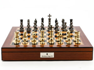 Dal Rossi Italy Chess Set Walnut Shinny Finish 20″ With Compartments, With Metal Dark Titanium and Gold Chessmen 110mm