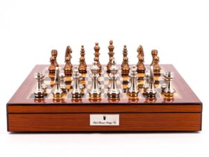 Dal Rossi Italy Chess Set Walnut Finish 20" With Compartments, With Copper and Silver Weighted Metal Chess Pieces 100mm