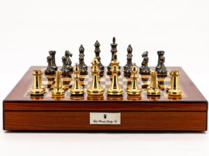 Dal Rossi Italy Chess Set Walnut Shinny Finish 20″ With Compartments, With Very Heavy Brass Staunton Gold and Silver chessmen 110mm