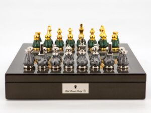 Dal Rossi Italy Chess Set Carbon Fibre Finish 16″ With Compartments, With Gray and Green Gold and Silver Metal Tops and Bottoms Chess Pieces 90mm