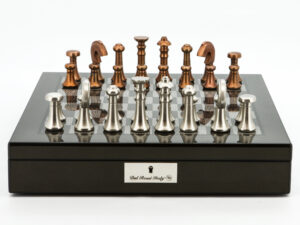 Dal Rossi Italy Chess Set Carbon Fibre Shinny Finish 16″ With Compartments, With Metal Copper and silver Chessmen 80mm