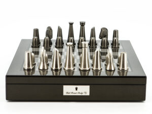 Dal Rossi Italy Chess Set Carbon Fibre Finish 16″ With Compartments, With Metal Dark Titanium and Silver chessmen 85mm