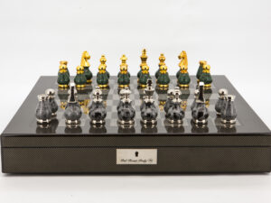 Dal Rossi Italy Chess Set Carbon Fibre Finish 20″ With Compartments, With Gray and Green Gold and Silver Tops and Bottoms Chessmen 90mm