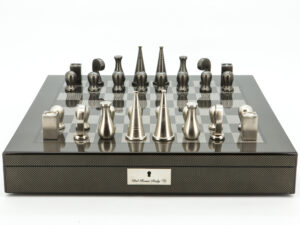 Dal Rossi Italy Chess Set Carbon Fibre Finish 20″ With Compartments, With Metal Dark Titanium and Silver 90mm Chessmen