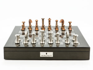 Dal Rossi Italy Chess Set Carbon Fibre Shinny Finish 20″ With Compartments, With Metal Copper and silver Chessmen 80mm