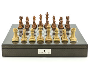 Dal Rossi Italy Chess Set Carbon Fibre Shinny Finish 20″ With Compartments, Brown and Box Wood Grain Finish 110mm Chess Pieces