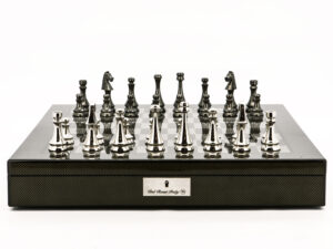 Dal Rossi Italy Chess Set Carbon Fibre Finish 16″ With Compartments, With Metal Dark Titanium and Silver chessmen 85mm