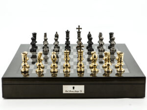 Dal Rossi Italy Chess Set Carbon Fibre Shinny Finish 20″ With Compartments, With Metal Dark Titanium and Gold Chessmen 110mm