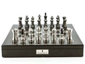 Dal Rossi Italy Chess Set Carbon Fibre Shinny Finish 20″ With Compartments, With Metal Dark Titanium and Silver chessmen 115mm