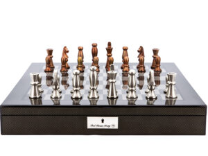 Dal Rossi Italy Chess Set Carbon Fibre Finish 20″ With Compartments, With Copper and Silver Weighted Metal Chess Pieces 85mm pieces